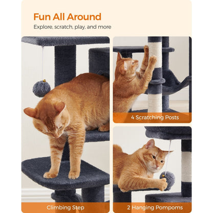 112cm Cat Tree Multi-Level Plush Tower Condo with 4 Scratching Posts, Hammock, Cave & Platforms – Stair-Step Design with Hanging Toys | Easy Assembly Indoor Cat Furniture | Pink White Beige Grey | UK