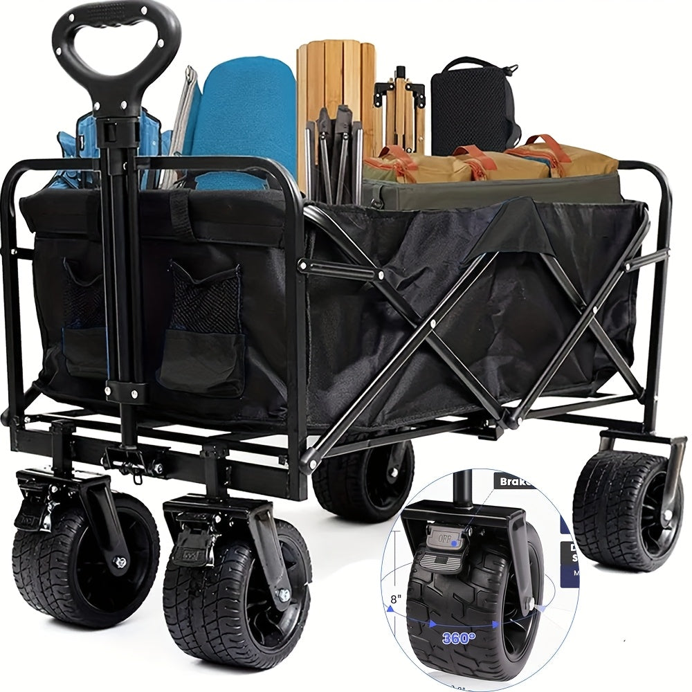 Heavy-Duty 249.48KG Capacity Collapsible Foldable Wagon Cart with All-Terrain Wheels, Stainless Steel Frame & Adjustable Handle - Large Capacity Utility Trolley for Camping, Beach, Gardening, Shopping - Perfect Mother’s Day Gift (Black), Garden Tool Carri