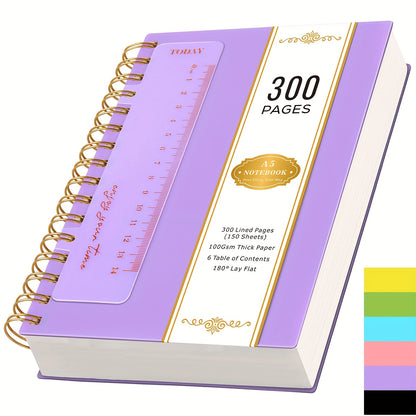 A5 Notebook, 300 Pages Wirebound Spiral Notepad for Writing, with Bookmark Ruler, 100gsm College Ruled Paper, No Bleed, PVC Cover, for Work Office School, 14.5 X 21cm Christmas Gifts, Back to School, College Essentials