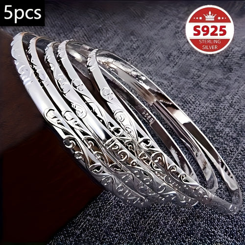 S925 Sterling Silver 5pcs Thin Ring Carved Bracelet Women'S Niche Design Sense Multi-Ring Stackable Anti-Allergic Light Luxury Temperament Hand Jewelry