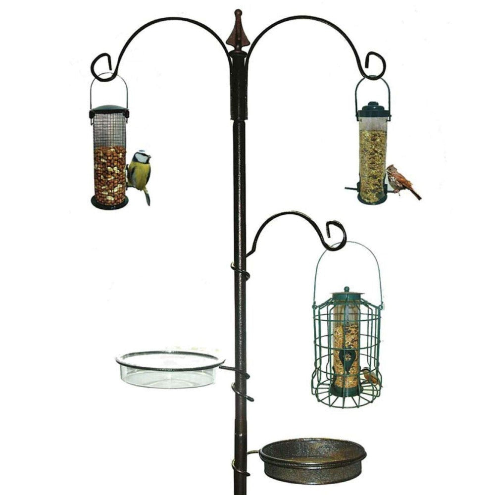 Garden Bird Feeding Station with 3 Brackets, Water Dish & Mesh Dish – Multi-Feeder Wooden Bird Table Stand for All Garden Birds | Attracts Wild Birds | UK