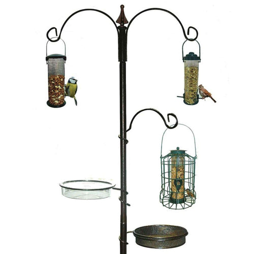Garden Bird Feeding Station with 3 Brackets, Water Dish & Mesh Dish – Multi-Feeder Wooden Bird Table Stand for All Garden Birds | Attracts Wild Birds | UK
