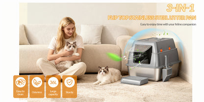 Stainless Steel Litter Tray with Lid, Enclosed Litter Box, Hinged Lid for Easy Cleaning, Includes Pedal And Scoop, Modular Design, 61L X 41W X 40H Cm, Light Grey