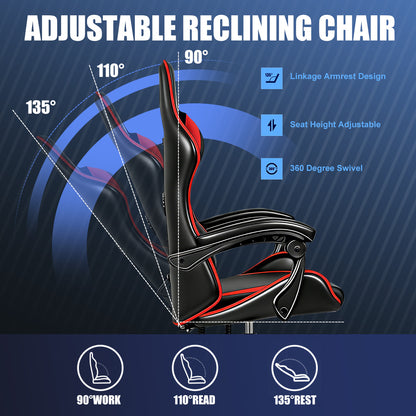 【Gaming Chair】 Ergonomic design Office Chair, height adjustable office chair, Lumbar Support+ headrest, 90° - 135° reclining gaming chair, white, red, gray