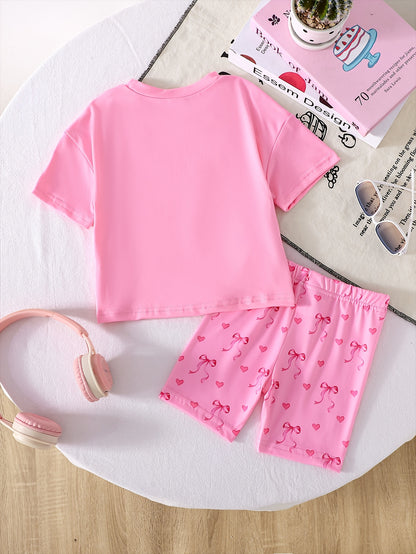 2pcs Set of Casual Loose-fitting Round-neck Short-sleeve T-shirt and Shorts for Girls Aged 1-6, Featuring Cute Heart and Bowknot Prints, Suitable for Daily Wear, Outings, Home, and School in Spring and Summer, Perfect for Outdoor