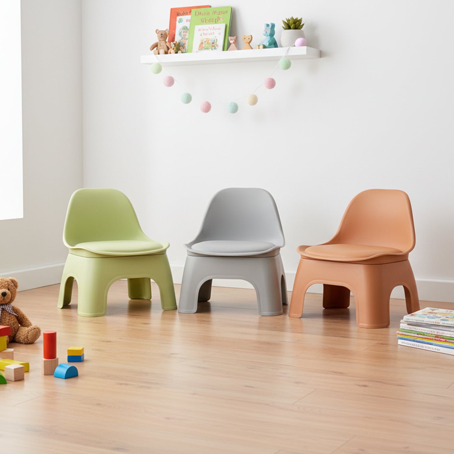 Thickened Plastic Round Stool with Backrest, Portable Low Stool, Modern Minimalist Design, Space-Saving, Suitable for Small Apartments And Balconies, Usable Indoors And Outdoors, Available in Gray, Green, And Orange