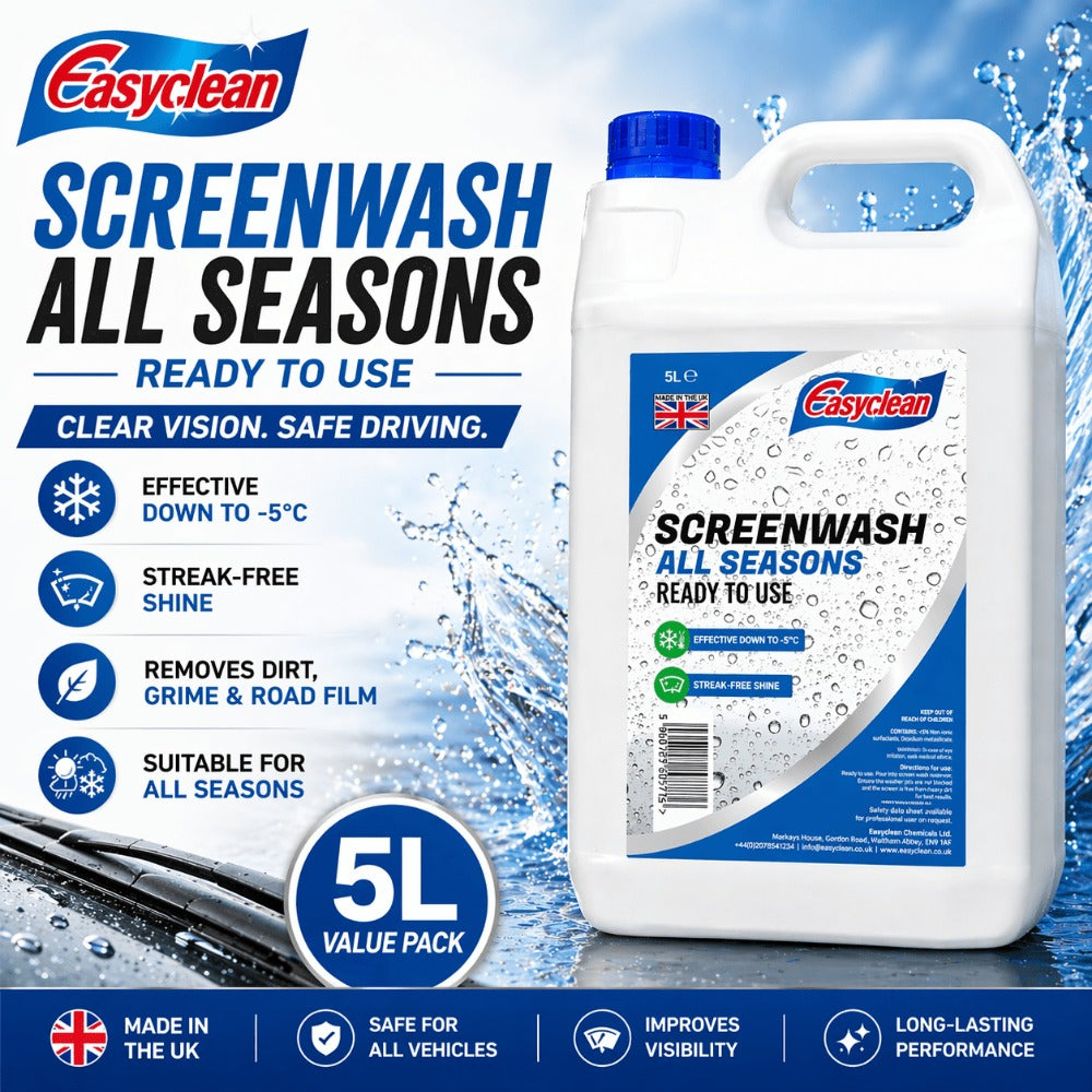 Screen Wash Liquid 5L All-Season Streak-Free Windscreen Washer Fluid Effective to -5°C Ready to Use for All Cars Vans & Vehicles UK Formula