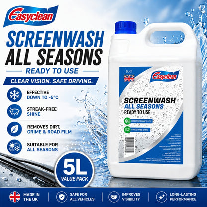 Screen Wash Liquid 5L All-Season Streak-Free Windscreen Washer Fluid Effective to -5°C Ready to Use for All Cars Vans & Vehicles UK Formula