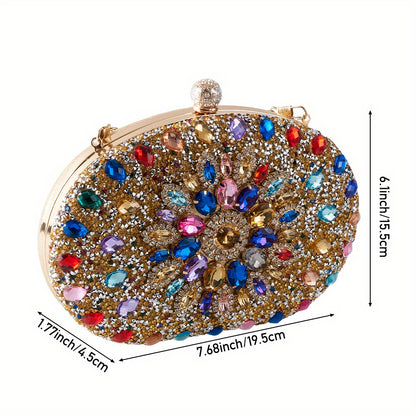 Women Evening Bag Multicolor Clutch Bag Luxury Crystal Handbag Bridal Wedding Purse Glitter Shoulder Bag with Detachable Chain Banquet Party Prom Crossbody Bag Gold-Multicolour, Green/ Gold/ Silver
