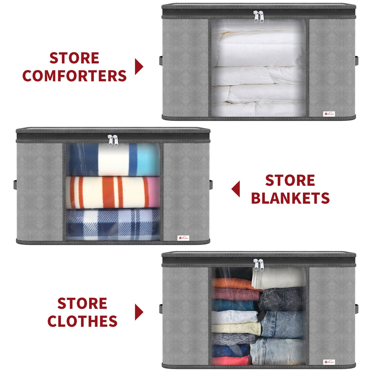 Vinsani 3pcs Deluxe Clothes Storage Bags Organizer Large Capacity Double Zipper, Moisture-Proof Big Clear Windows Perfect Space for Clothes, Beddings, Blankets and Duvet