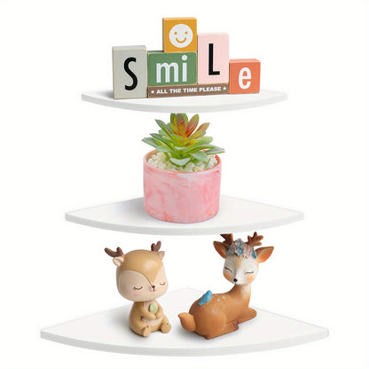 Fan- Shape White Corner Shelf, Wall Mount Floating Corner Shelf, Storage Shelves, Bookshelf, Display Racks for Home/ Office Decoration 3pcs/ set
