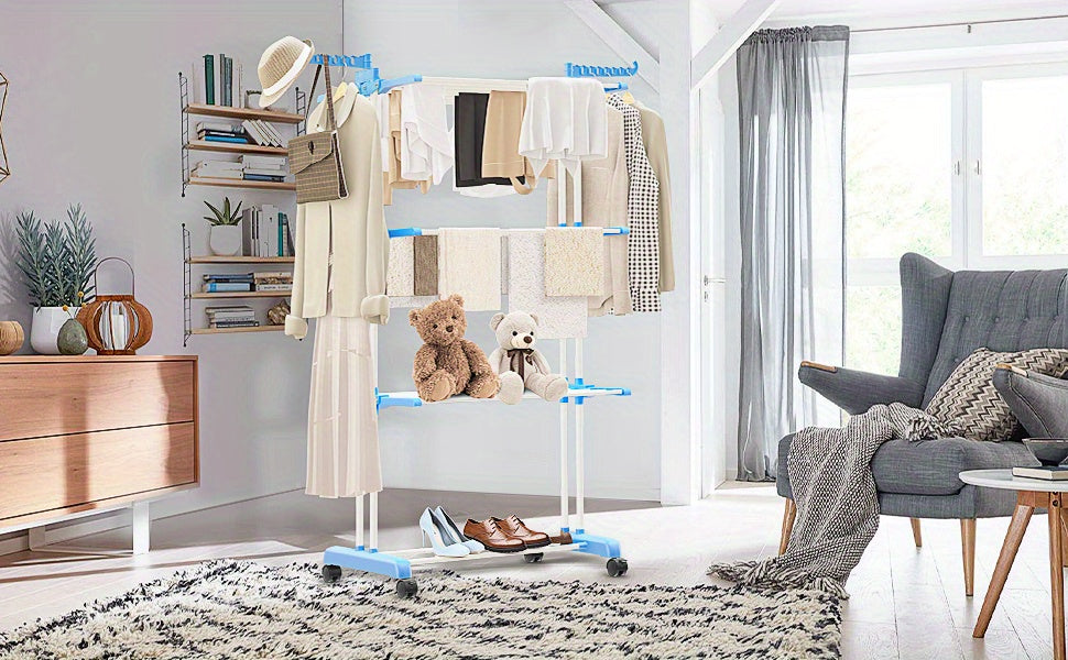 Clothes Drying Rack 4 Tier Foldable Airer Laundry Dryer Adjustable Stainless Steel Garment Laundry Racks Heavy Duty Removable Clothes Hanger with Casters for Indoor Outdoor