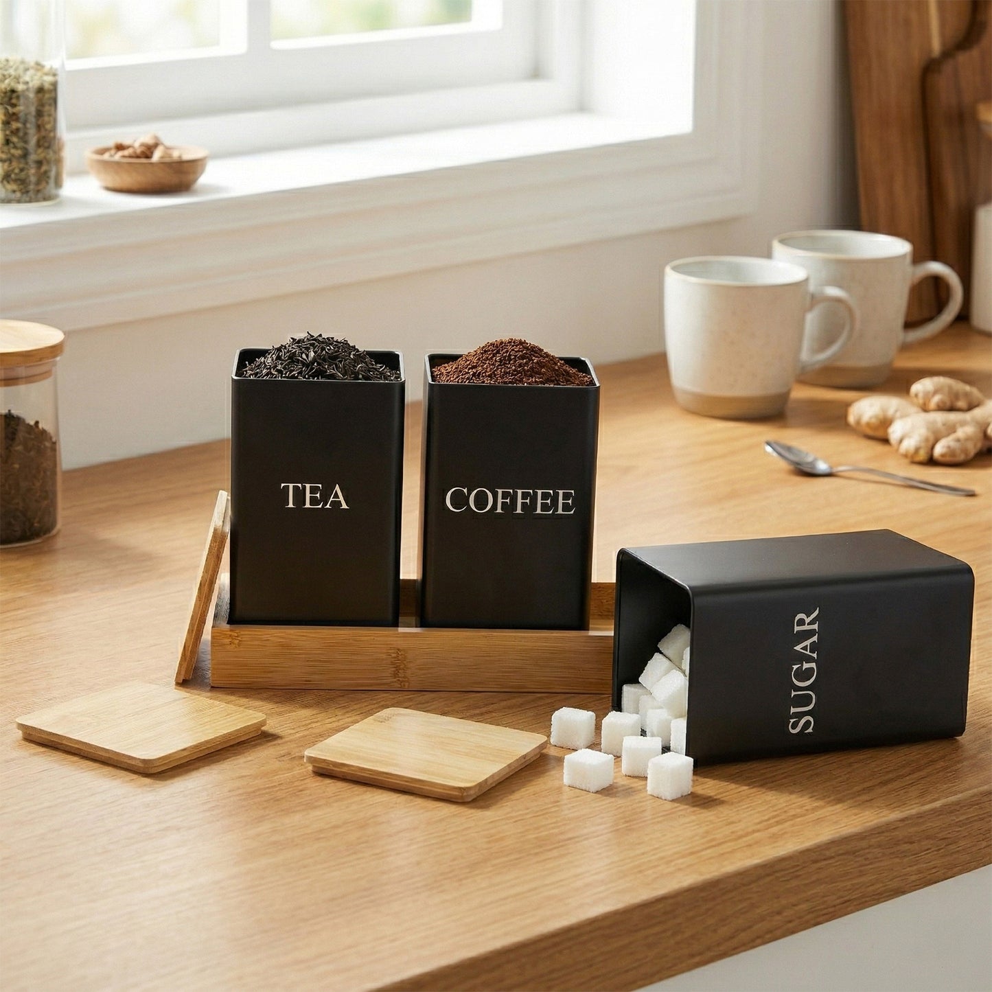 Kitchen Countertop Storage Essentials, 3pcs Black Rectangular Metal Canisters with Flip-Top Lids, Heavy-Duty Iron Jars for Coffee Tea Sugar and Spices Storage