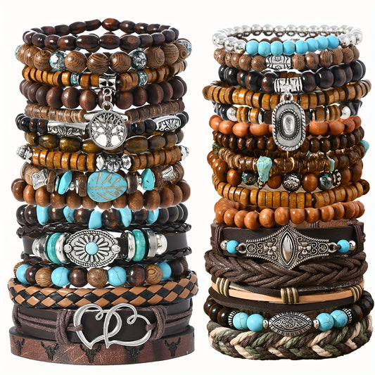 Western Style Fashion Vintage Wooden Beaded PU Leather Random 10/11/15/16/32pcs Set, Pattern and Color Random, Assorted Bracelet Set, Christmas Gift, Halloween Gift, New Year's Gift