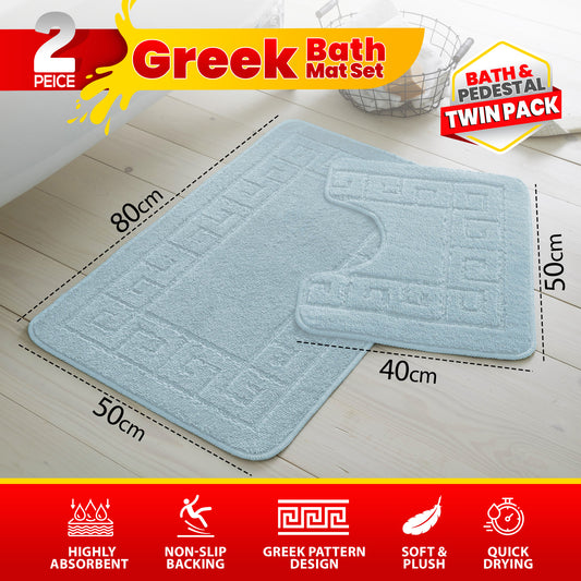 GC GAVENO CAVAILIA 2 Piece Greek Pattern Bathroom Mat Set | Soft & Plush 100% Polyester Bath Mat and Pedestal Rug | Non-Slip Backing, Highly Absorbent, Quick Drying |Machine Washable Bathroom Rugs | Ideal for Everyday Use | LOCAL WAREHOUSE | UK BRAND