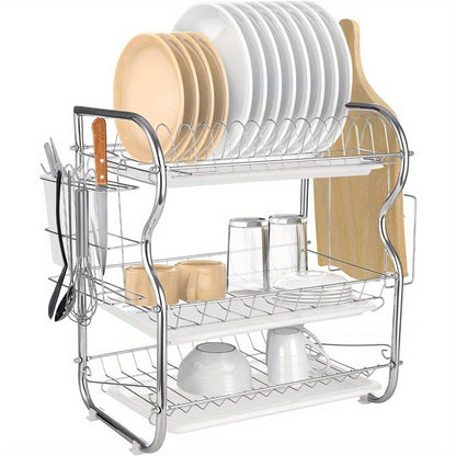 1pc 3 Tier Dish Rack with Cutlery Cup Plates Holder and Sink Draining Rack Tray - 3 Layer Drain Rack, Cutting Board Holder, and Household Tableware Storage Rack - Kitchen Accessories