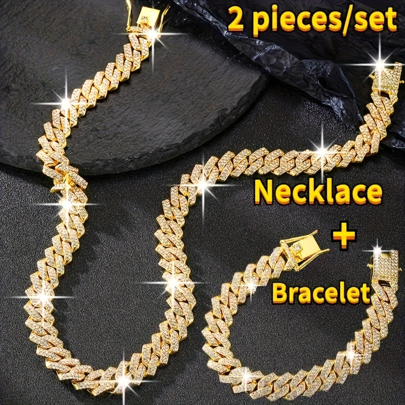 2pcs/set Necklace+bracelet Luxury Set Domineering Y2K Cuban Lozenge Link Chain Necklace, Hip Hop Miami Unisex Necklace, Rapper Necklace Jewelry, Trendy Accessories Encryption style