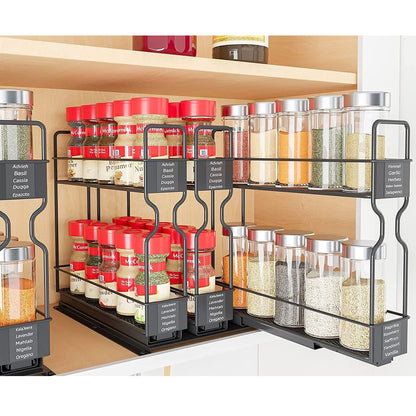 2 Tier Pull Out Spice Rack for Inside Cupboard, Sliding Spice Rack Cabinet Organiser Rack Metal Seasoning Rack Free Standing, Black