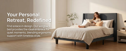 Upholstered Bed Frame, Soft Linen/Velvet Gray/Green, Double Sizes 4FT6, Modern Platform Bed Frame with Winged Headboard, Sturdy Wood Slat Support, No Box Spring Needed, Mattress Foundation