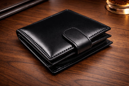 Men's Genuine Leather RFID Blocking Bifold Wallet – 7 Card Slots, ID Window, Zip Coin Pocket & Note Pockets | Slim Black Wallet for Men | Free UK Delivery