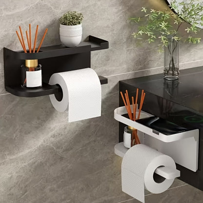 Wall-Mounted Toilet Paper Holder With Storage Shelf, No Drill Adhesive Installation, Bathroom Organizer - Space-Saving Tissue Roll Dispenser For Home Or Hotel Use