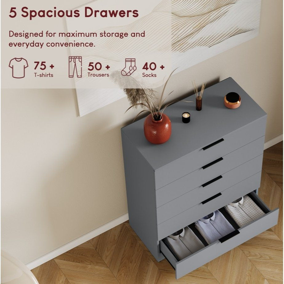 Vida Designs Trega 5 Drawer Chest Of Drawers Space-Saving Storage Smooth Glide Drawers Bedroom Furniture