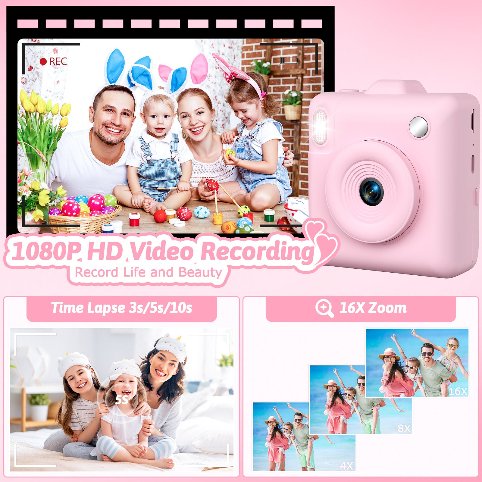 Kids Instant Print Camera Dual Lens 1080P HD - Children's Camera with 5 Rolls Photo Paper | 2.4" Screen | Birthday Christmas Gift for Girls & Boys