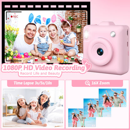 Kids Camera Instant Print - Dual-Lens 1080P HD Video Children Cameras 2.4" Instant Camera for Kids 5 Rolls Photo Paper Christmas Birthday Toys for Girls Boys