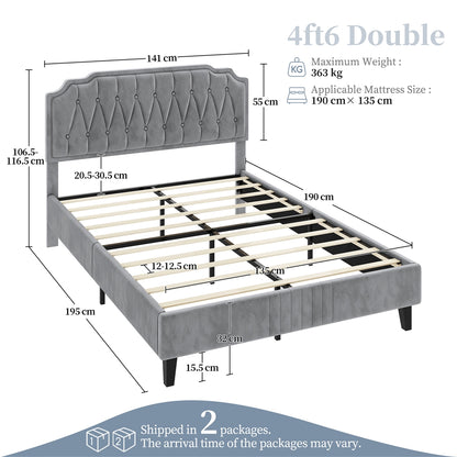Costoffs Double/King Bed Frame Upholstered Platform Bed with Adjustable Button Tufted Headboard/Velvet Fabric/Mattress Foundation/Sturdy Wooden Slat Support, No Box Spring Needed, Black/Beige/Dark Grey/Light Grey