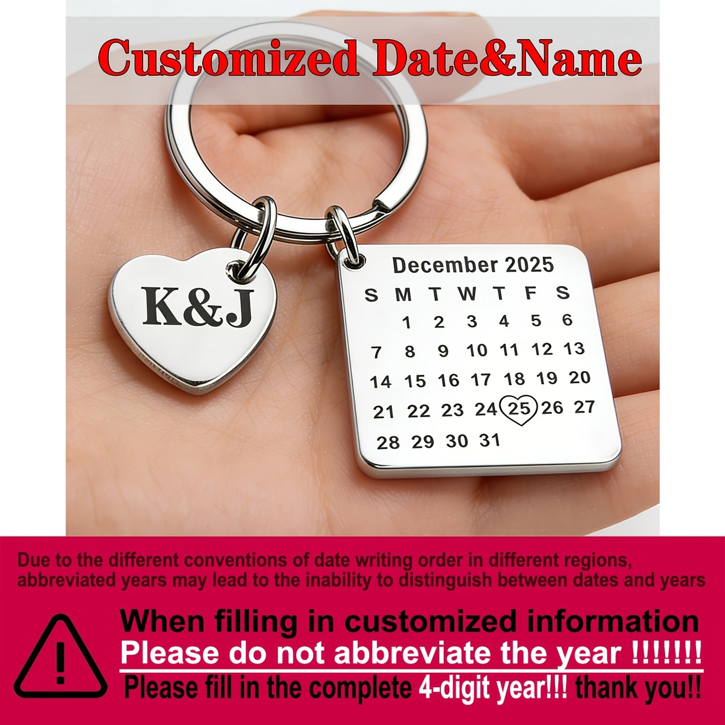 1pc Custom Date Name Stainless Steel Key Chain Couple Wedding Anniversary Romantic Birthday Gift Valentine'S Day Holiday Best Friend Family Classmate Birthday Gift Special Gift MOLANXUAN