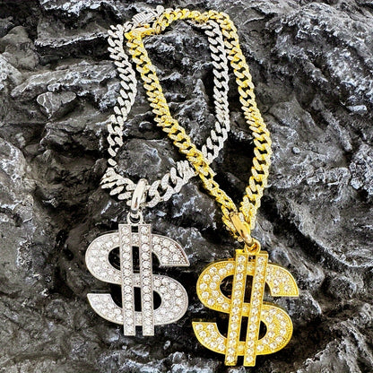 Large and Heavy US Dollar Symbol Pendant,  18K Gold Plated Alloy 18K Gold Plated-plated Cuban Chain Necklace with 12mm Full, Men's Hip-hop Style Ring Combination