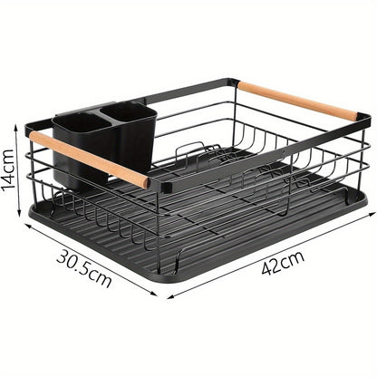 Dish Drainer Rack with Removable Drip Tray - Large Space Saving Kitchen Drying Rack for Plates, Bowls & Cutlery Metal Frame with Wooden Handles (BLACK)