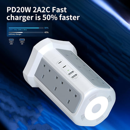 Upgraded New Product Tower Extension with USB Slots 3.02m, 20W Fast Charger with Night Light, (13A 3250W)5 USB Ports & 8 Way, Surge Protected Extension with 4 Independent Switch, Extension Cable for Home Office for Business for Factory