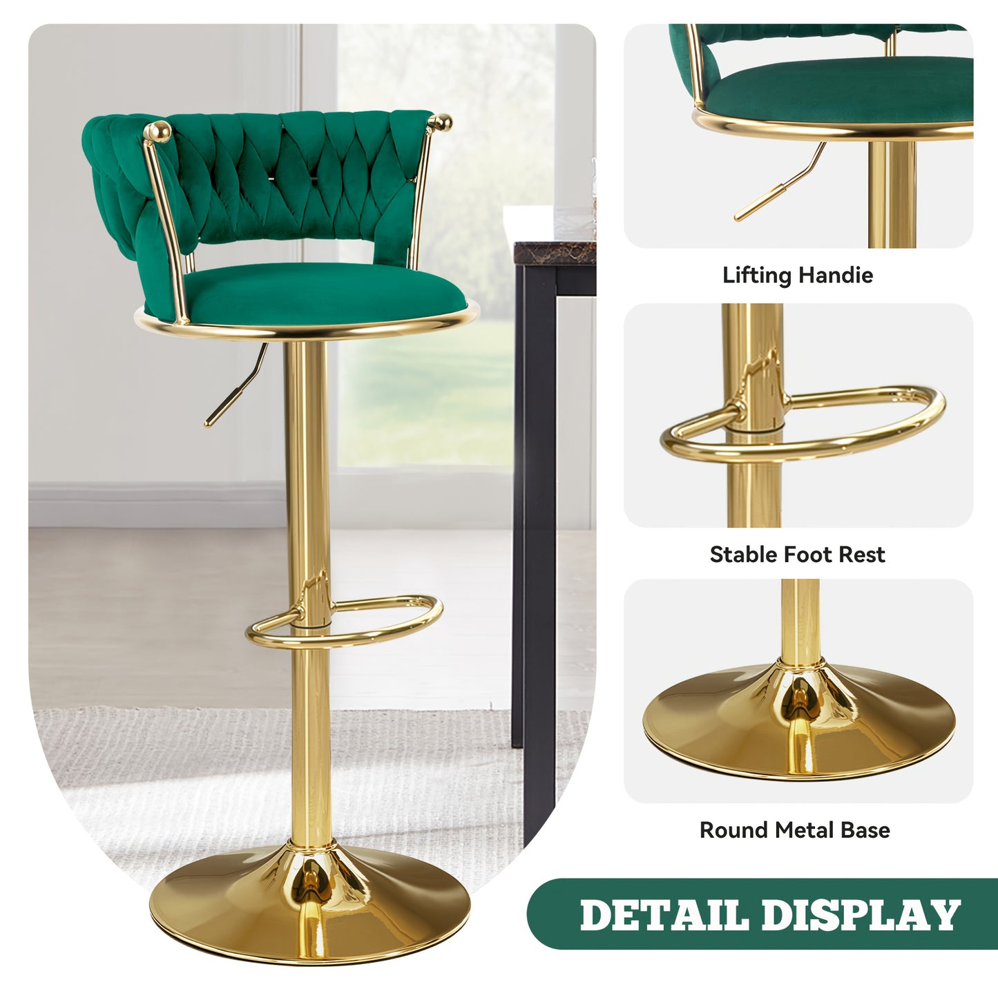 2pcs Modern Swivel Woven Velvet Bar Stools/360° Swivel Adjustable Height with Backs Golden Metal Tall Bar Stools Counter Height for Kitchen Island/for Christmas, Festival, New Year's Gift