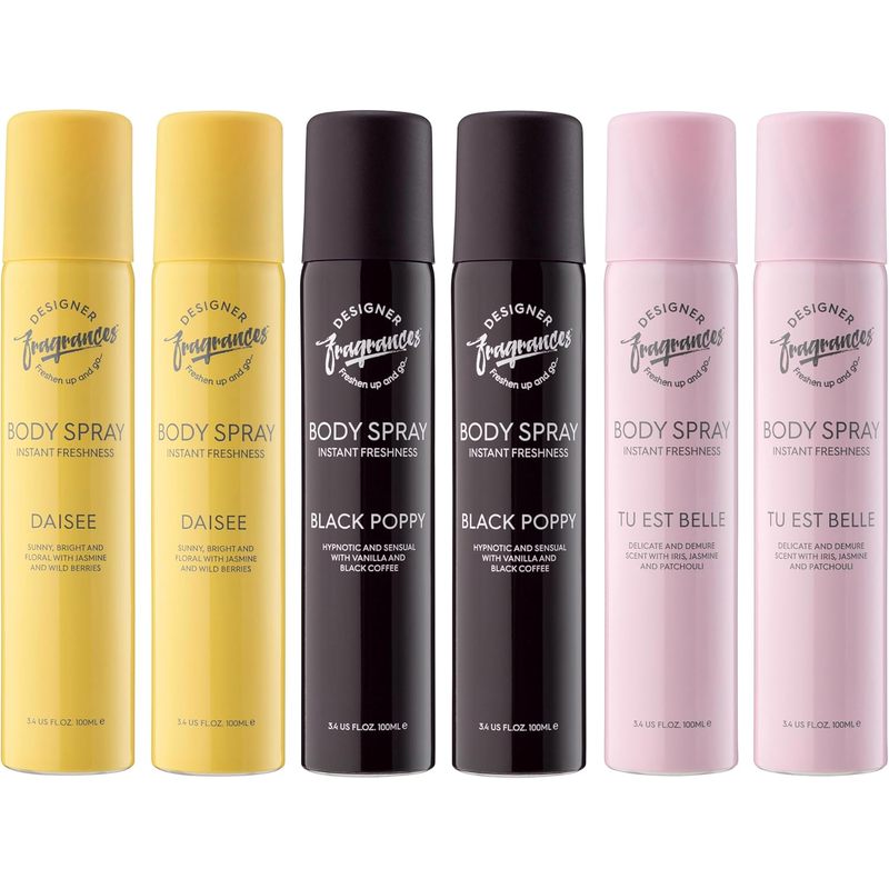 Designer Fragrances 6 Pack Assorted Aromas Bundle - Tu Est Belle, Orchyd, Alise - Women's Body Spray Deodorant Cans - For Instant Freshness on The Go - Long Lasting Smell, Great Gifts - 100ml