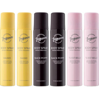 Designer Fragrances 6 Pack Assorted Aromas Bundle - Tu Est Belle, Orchyd, Alise - Women's Body Spray Deodorant Cans - For Instant Freshness on The Go - Long Lasting Smell, Great Gifts - 100ml