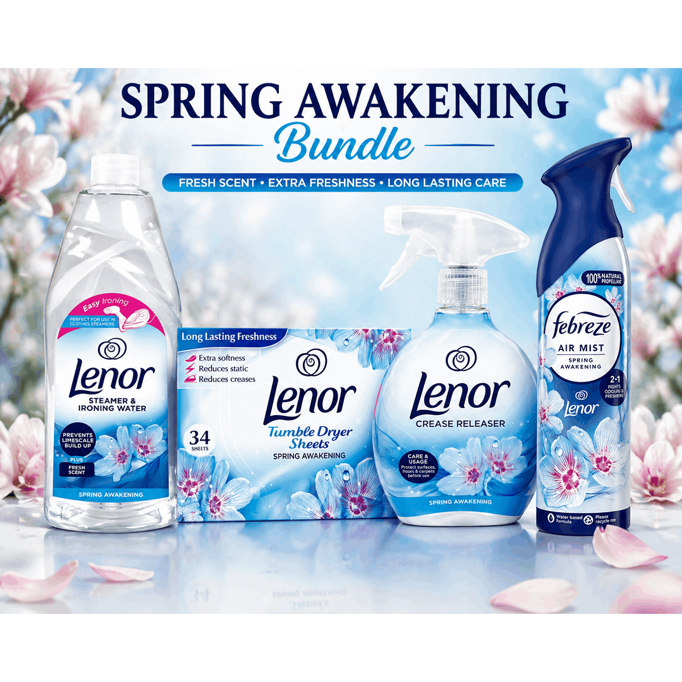 Lenor Spring Awakening Complete Laundry Care Bundle – Crease Releaser Spray, Tumble Dryer Sheets (34), Steamer & Ironing Water, Febreze Air Mist – Long Lasting Freshness & Easy Ironing