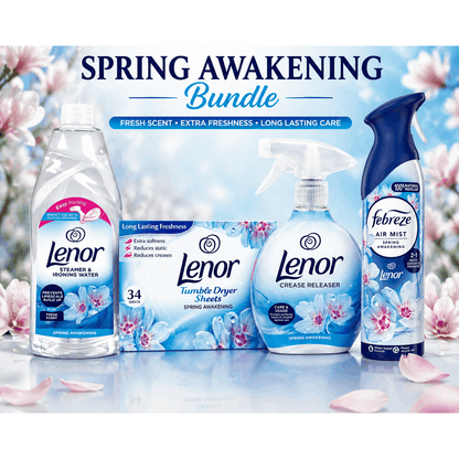 Lenor Spring Awakening Complete Laundry Care Bundle – Crease Releaser Spray, Tumble Dryer Sheets (34), Steamer & Ironing Water, Febreze Air Mist – Long Lasting Freshness & Easy Ironing