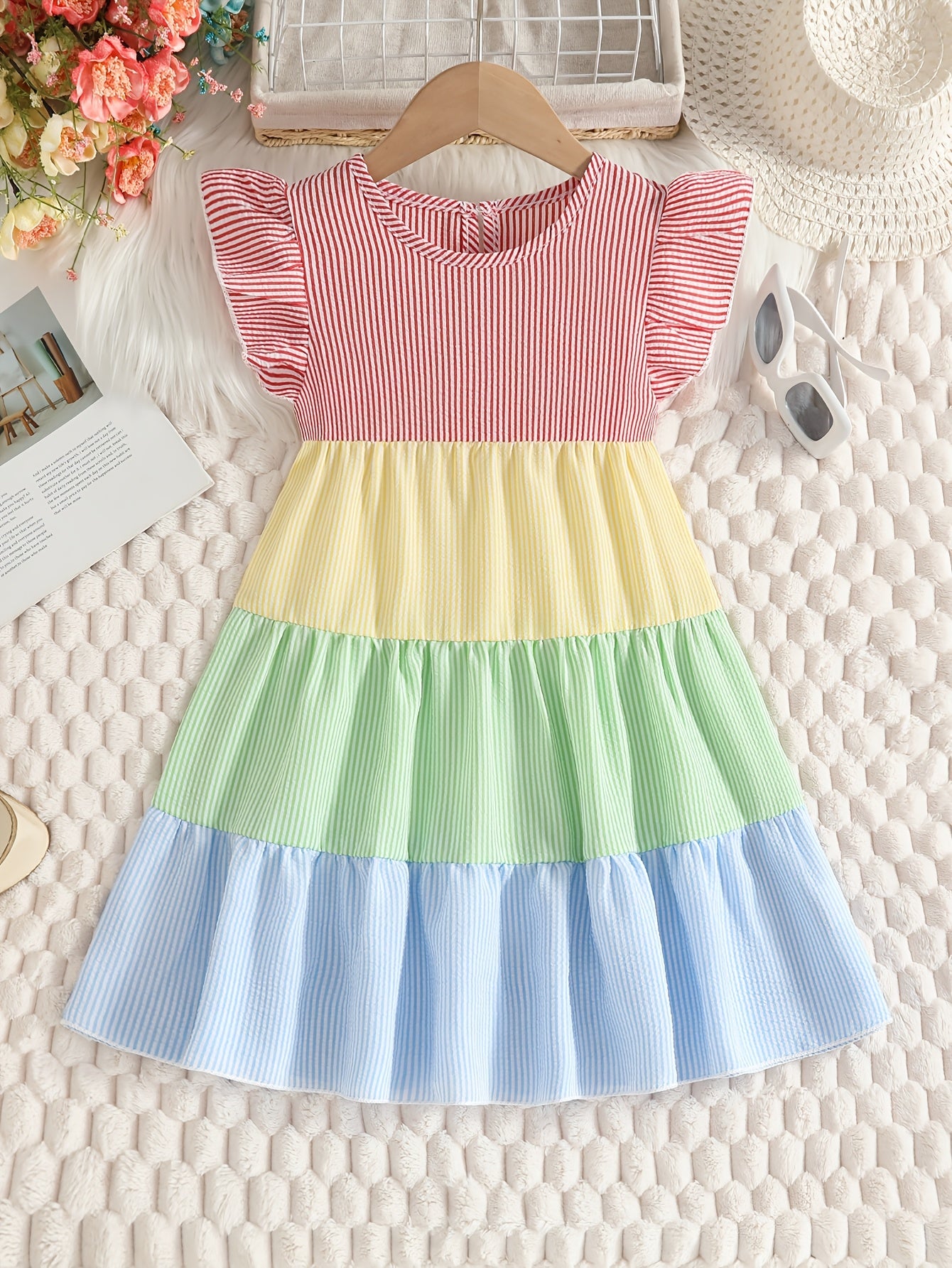 New Summer Style Girls' Colorblock Striped Dress, Cute Flutter Sleeve Dress, Summer Casual Dress, Summer Children's Clothing, Casual Daily Wear, Sweet and Adorable Girls' Dress, Girls' Clothes, Easter