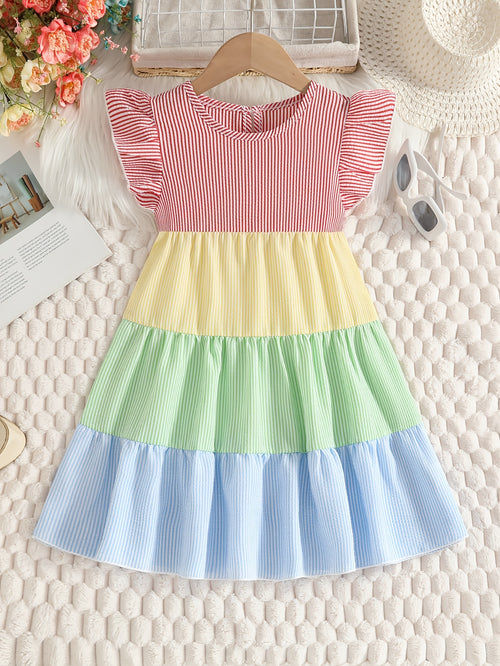 New Summer Style Girls' Colorblock Striped Dress, Cute Flutter Sleeve Dress, Summer Casual Dress, Summer Children's Clothing, Casual Daily Wear, Sweet and Adorable Girls' Dress, Girls' Clothes, Easter