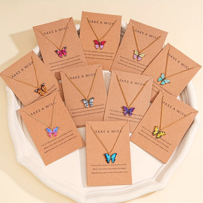 10pcs Set of Fashionable, Elegant, and Minimalist Colorful Butterfly Y2K Pendant Necklaces, Unisex Design Suitable for Vacation, Parties, Dates, Gifts, Daily Versatility, Includes a Greeting Card with Festive Wishes
