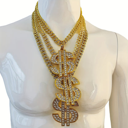 Large and Heavy US Dollar Symbol Pendant,  18K Gold Plated Alloy 18K Gold Plated-plated Cuban Chain Necklace with 12mm Full, Men's Hip-hop Style Ring Combination