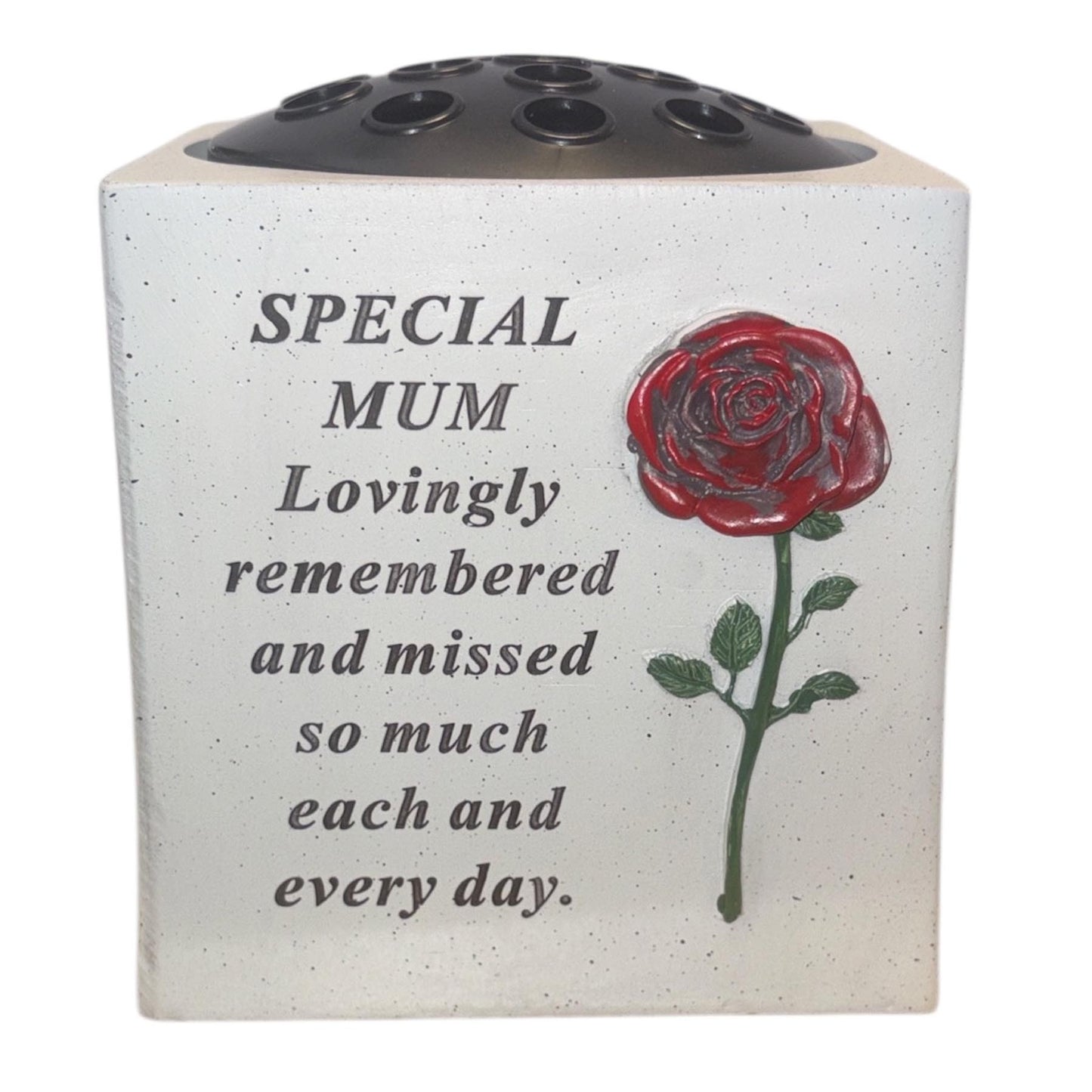 Memorial Rose Bowl Graveside Flower Vase with Diamanté and 3D Red Rose - Special Mum