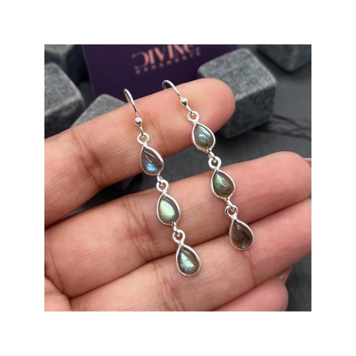 925 Sterling Silver Natural Gemstone 3 stone long Earring, Bezel Set Birthstone Ring, Perfect gift