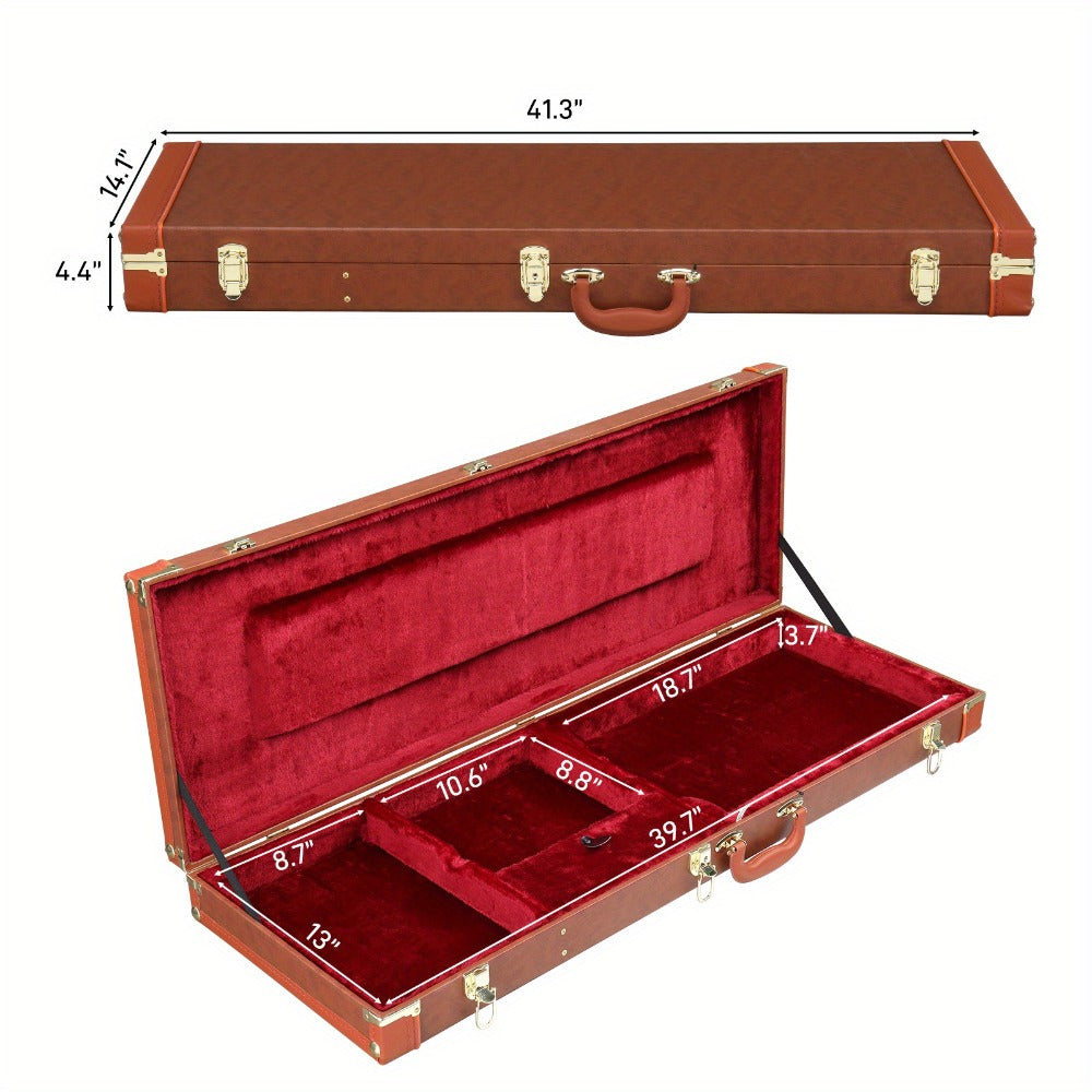Electric Guitar Hard Case Lockable Wood PU Leather Coffee Brown Fits ST TL SG Shockproof Plush Lined Accessory Compartment Travel Gig Box