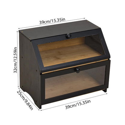 Bamboo Bread Bin with Transparent Window, 2-Layer, Bread Box Large Capacity Bread Storage for Kitchen, Kitchen Countertop Bread Box for Bread, Sushi, Pastries, Biscuits, Breakfast, Natural/ Black, 15.55*9.84*12.60 Inch