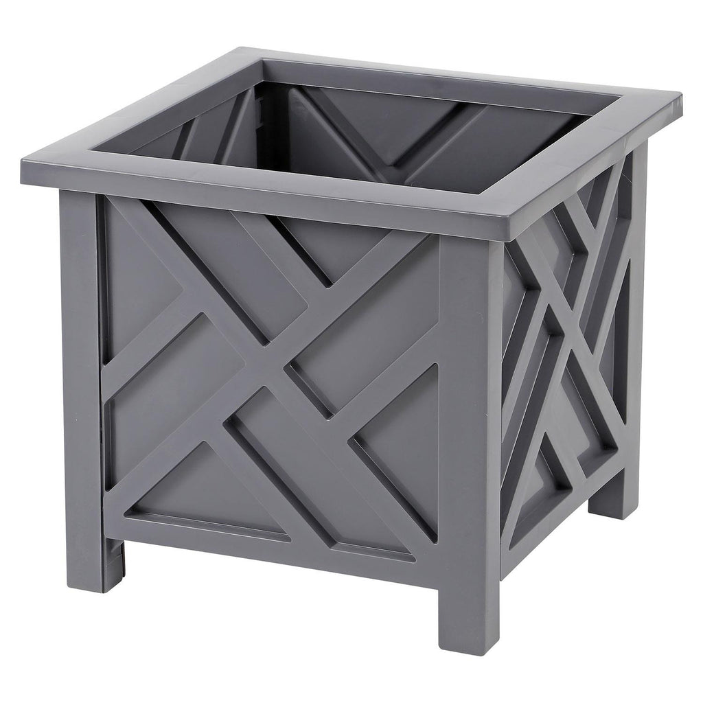 Square Lattice Planter Box 14.5 Inch Wood-Look Plastic – Decorative Outdoor Flower Pot for Porch, Patio, Garden & Balcony | Grey & White | 1 or 2 Pack