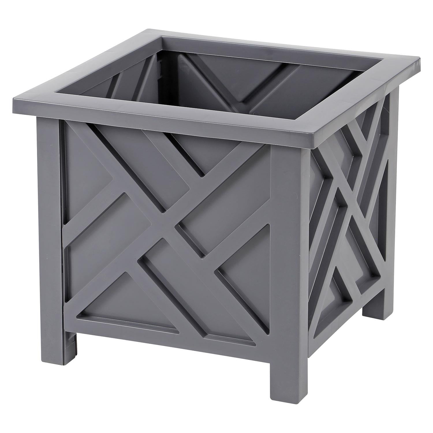 Square Lattice Planter Box 14.5 Inch Wood-Look Plastic – Decorative Outdoor Flower Pot for Porch, Patio, Garden & Balcony | Grey & White | 1 or 2 Pack