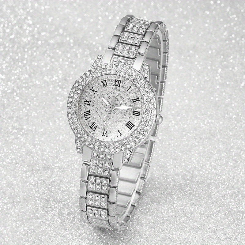 6pcs New Ladies' Gorgeous And Fashionable Silvery Quartz Watch+ New Silvery Jewelry Set Valentine'S Day, Easter, Ramadan, Wedding, Birthday Party, Christmas Horror, Halloween, Give Friends Gifts Eid Al Adha