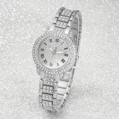6pcs New Ladies' Gorgeous And Fashionable Silvery Quartz Watch+ New Silvery Jewelry Set Valentine'S Day, Easter, Ramadan, Wedding, Birthday Party, Christmas Horror, Halloween, Give Friends Gifts Eid Al Adha